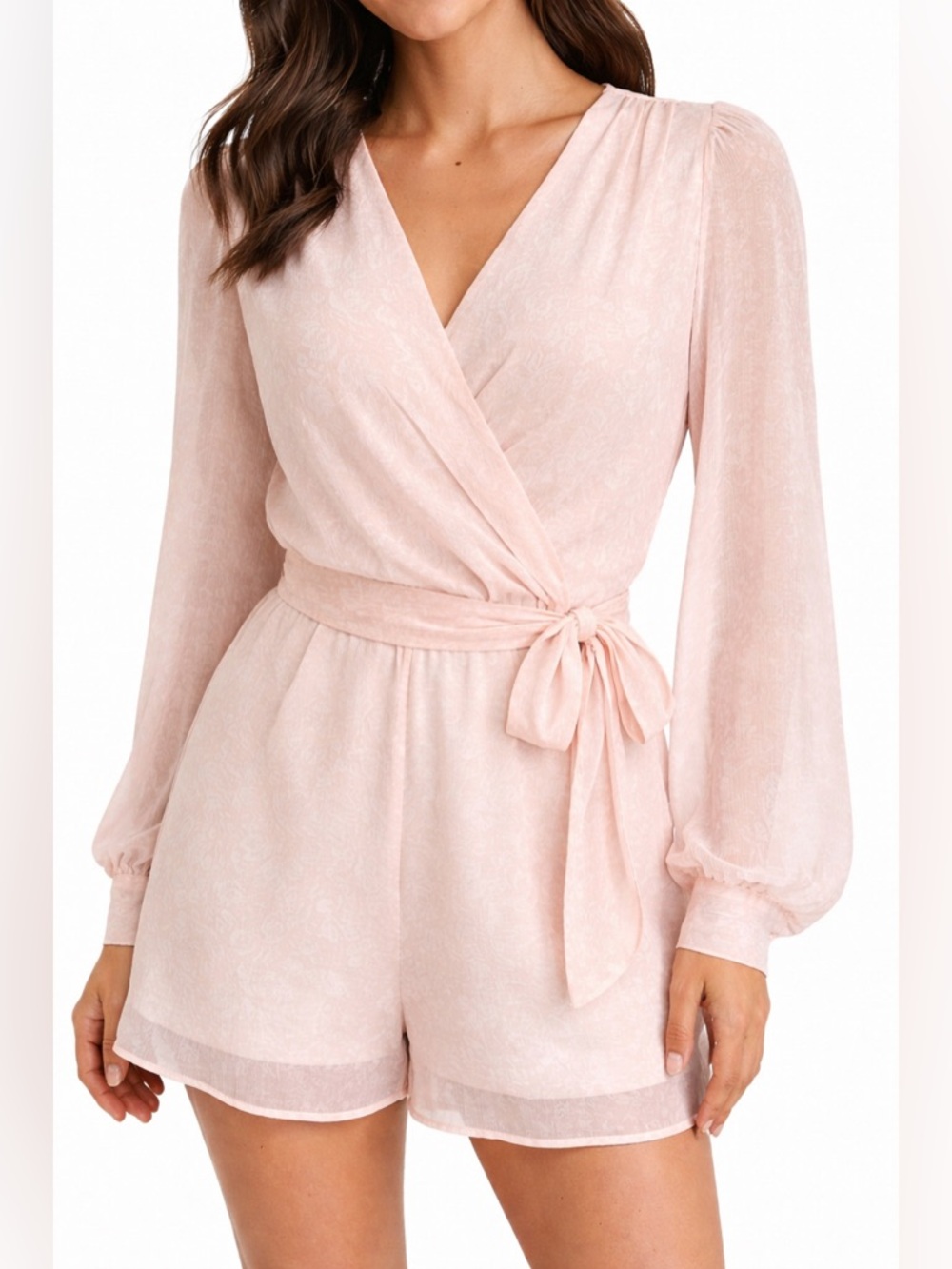 NWT Express Blush Pink Floral Long Sleeve Wrap Romper XXS